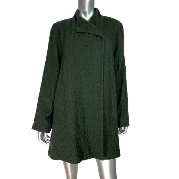 Eileen Fisher Waffle Dark Green Wool Blend Coat With Asymmetric Collar L - Picture 3 of 8